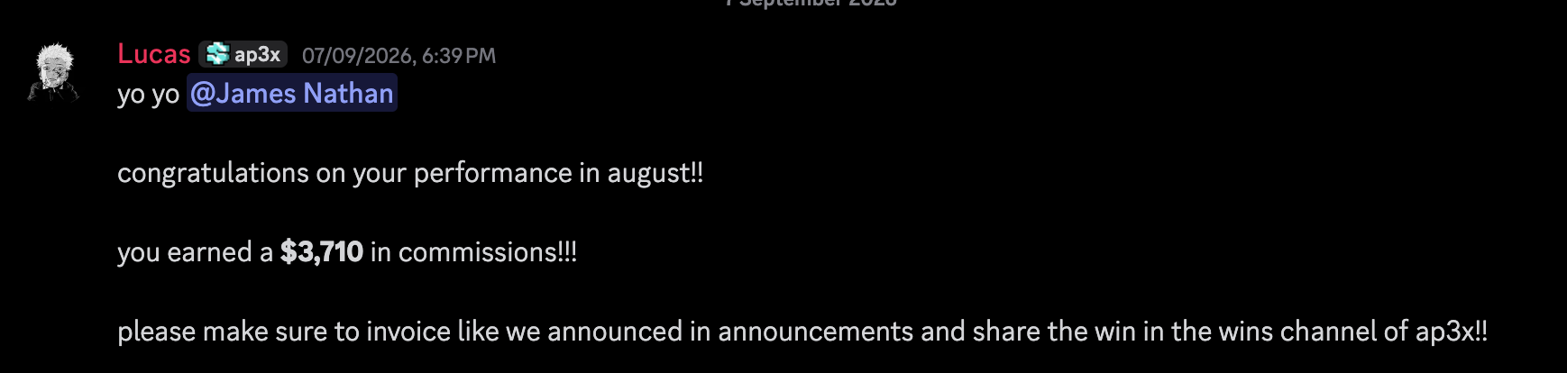 Discord message congratulating James Nathan for earning $3,710 in commissions